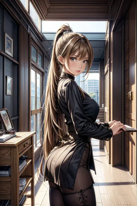 (masterpiece, Highest quality), Intricate details, 8k, Art Station, wallpaper, Official Art,  Sharp focus, One girl, Long Hair,ponytail,  Brown Hair, , office lady,Tight Skirt、slit、tights、 printing, Cold Eyes , Muddy eyes、skyscraper, city, building, car, s...