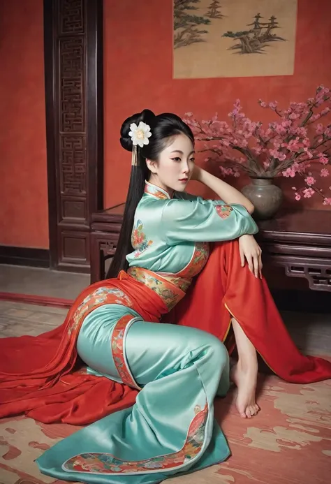 a side view of a chinese empress, relaxing with her buttocks exposed and her legs stretched out. the background is a room in a c...