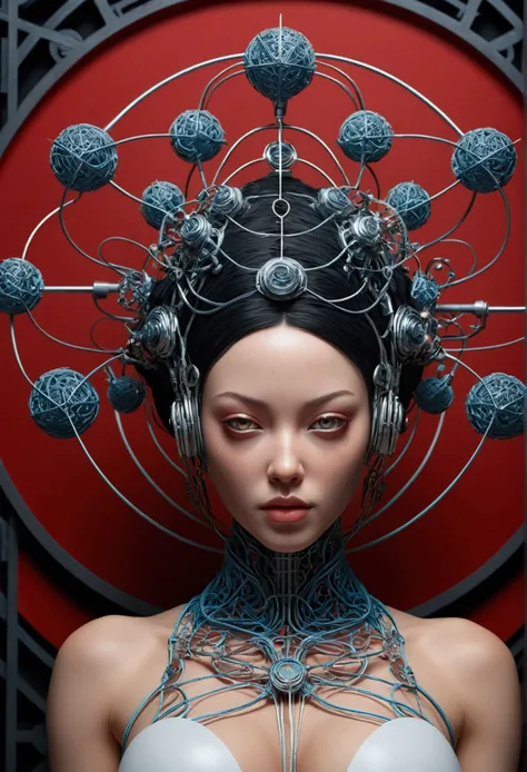 Female, Wire cybernetics implants, Adrian Gainey Esso Andrews style Jenny Savile, The surrealist dark art of James Jean Gaoto Yamamoto and Bri Sienkiewicz, trending on artstationh, Sharp focus, studio photo, Intricate details, Highly detailed, by Greg Rutk...