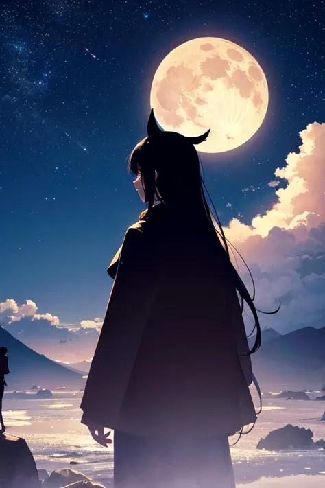 Highest quality,Big moon and shadow,A silhouette of a person can be seen against the backdrop of a large moon.,There is one full moon,There is a mood,Beautiful scenery,Starry Sky