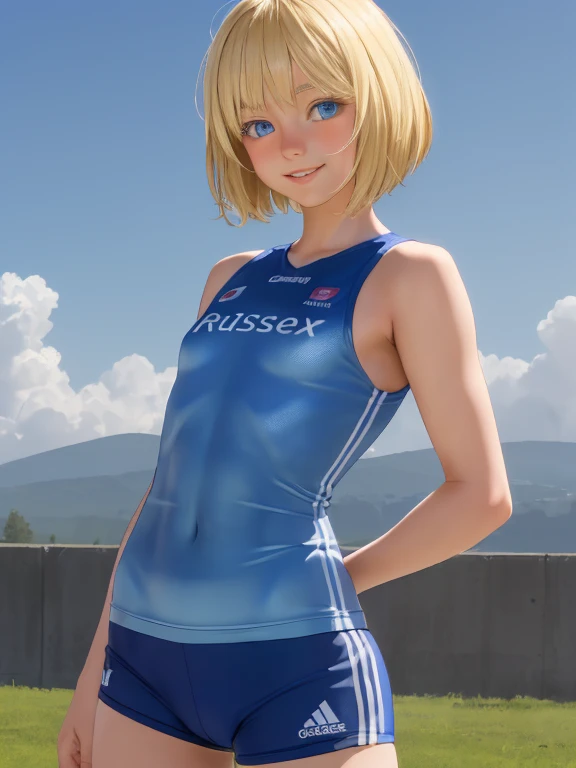 masterpiece, realistic, 8 K, (1 cute 18 year old girl with nice small breasts:1.5), Russian, white sports jersey, (blonde hair:1.1) , shortcut, (pixie haircut:1.2), Blue eyes, musculature, looking into the distance, smile、Turning, I don&#39;t wear a bra be...