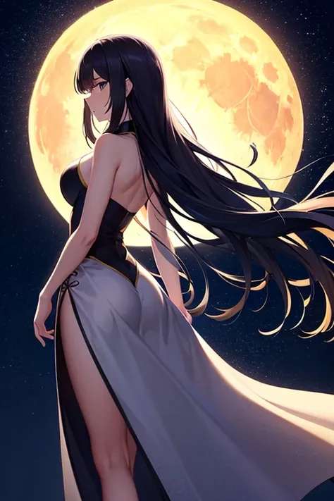 Highest quality,Big moon and shadow,A silhouette of a person can be seen against the backdrop of a large moon.,There is one full moon,There is a mood,Beautiful scenery,Starry Sky