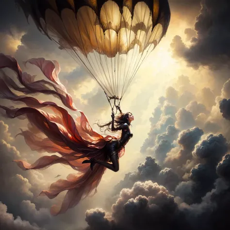 painting of a woman flying in the sky with a parachute, inspired by Esao Andrews, inspired by ESAO, style of esao andrews, andrews esao artstyle, inspired by Vladimir Kush, inspired by Brian Despain, breathtaking fantasy art, by ESAO, she is floating in th...