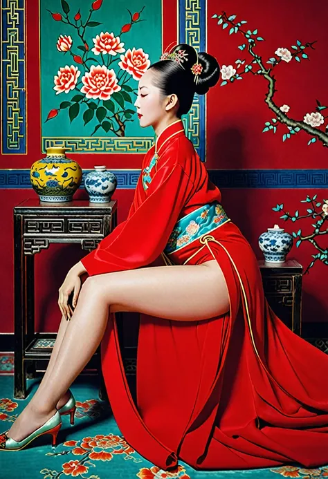 A side view of a Chinese empress, relaxing with her buttocks exposed and her legs stretched out. The background is a room in a Chinese palace during the Qing dynasty. She is sleeping in red Hanfu with only her large buttocks sticking out. She is either wea...