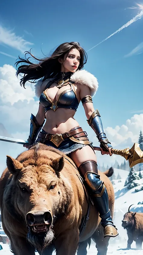 Classic Sejuani from League of Legends by Riot Games: Sejuani in her classic barbarian armor with fur trimmings,massive k-cups, riding her massive boar, Bristle, through a frozen battlefield, wielding her giant flail, and commanding the Freljordian forces.