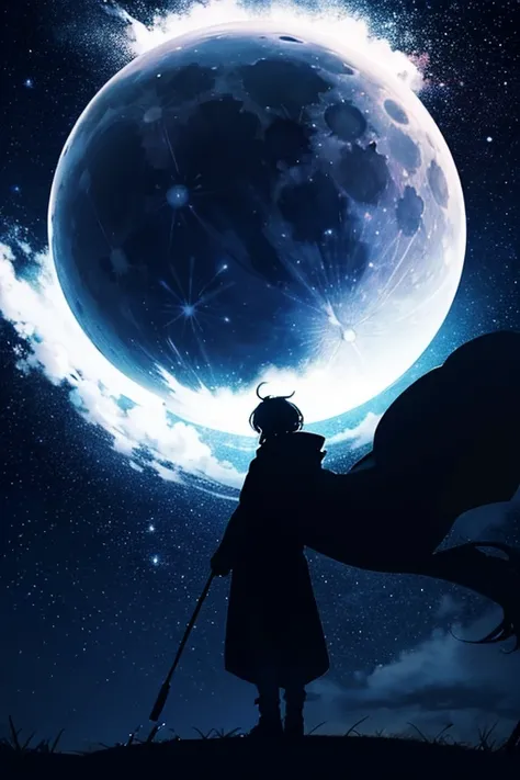 Highest quality,Big moon and shadow,A silhouette of a person can be seen against the backdrop of a large moon.,There is one full moon,There is a mood,Beautiful scenery,Starry Sky