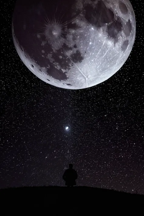 Highest quality,Big moon and shadow,A silhouette of a person can be seen against the backdrop of a large moon.,There is one full moon,There is a mood,Beautiful scenery,Starry Sky