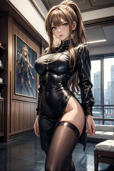 (masterpiece, Highest quality), Intricate details, 8k, Art Station, wallpaper, Official Art,  Sharp focus, One girl,Toned body、 Long Hair,ponytail,  Brown Hair, , office lady,Patent leather suit、Tight Skirt、slit、tights、 printing, Cold Eyes , Muddy eyes、sky...