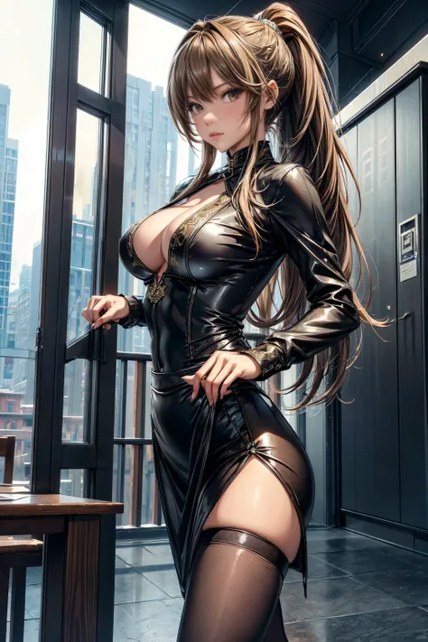 (masterpiece, Highest quality), Intricate details, 8k, Art Station, wallpaper, Official Art,  Sharp focus, One girl,Toned body、 Long Hair,ponytail,  Brown Hair, , office lady,Patent leather suit、Tight Skirt、slit、tights、 printing, Cold Eyes , Muddy eyes、sky...