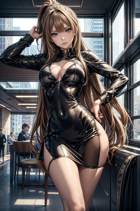 (masterpiece, Highest quality), Intricate details, 8k, Art Station, wallpaper, Official Art,  Sharp focus, One girl,Toned body、 Long Hair,ponytail,  Brown Hair, , office lady,Patent leather suit、Tight Skirt、slit、tights、 printing, Cold Eyes , Muddy eyes、sky...