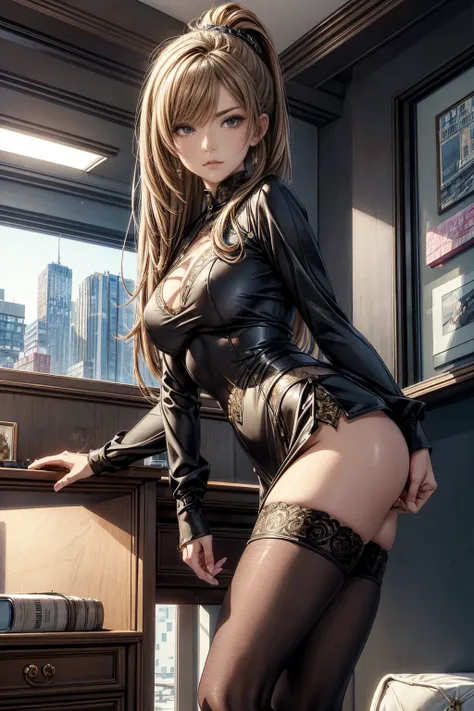 (masterpiece, Highest quality), Intricate details, 8k, Art Station, wallpaper, Official Art,  Sharp focus, One girl,Toned body、 Long Hair,ponytail,  Brown Hair, , office lady,Patent leather suit、Tight Skirt、slit、tights、 printing, Cold Eyes , Muddy eyes、sky...