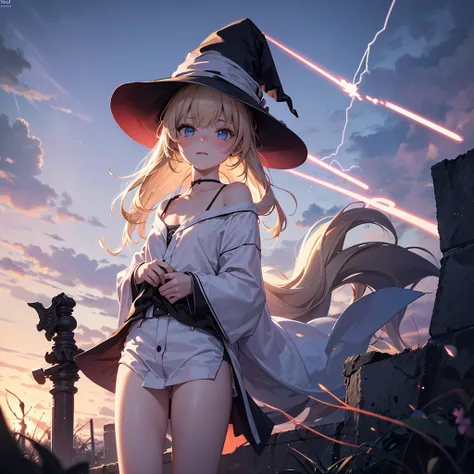 1 girl, trap, blonde hair, one-side long braid, blue eyes, flat chest, a short person, white robe, ,(witch hat）， （18 years old），...