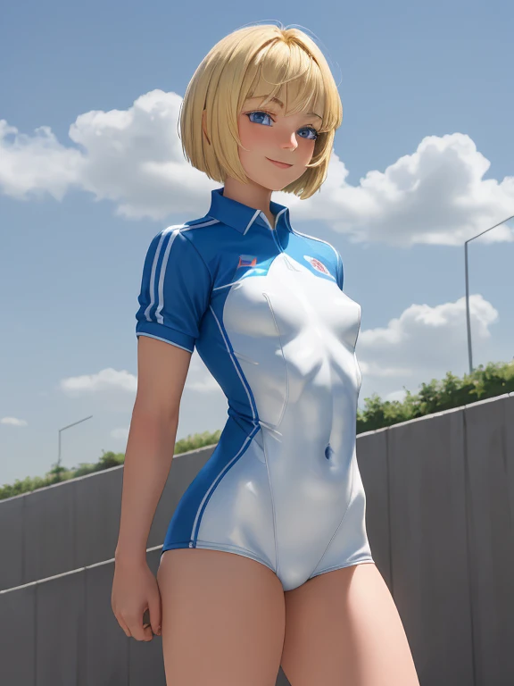 masterpiece, realistic, 8 K, (1 cute 18 year old girl with nice small firm breasts:1.5), Russian, white football uniform, (blonde hair:1.1) , shortcut, (pixie haircut:1.2), Blue eyes, developed athletic muscles, athletic build, looking into the distance, s...