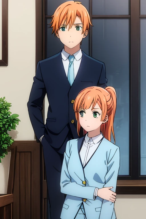  twins, 1 girl, 1 boy, both have orange hair and green eyes, wear , gray pants and blue plaid pants, white blouse, and gray bakuran, black blazer.