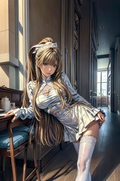 (masterpiece, Highest quality), Intricate details, 8k, Art Station, wallpaper, Official Art,  Sharp focus, One girl,Toned body、 Long Hair,ponytail,  Brown Hair, , office lady,White patent leather shirt、Black enamel tight skirt、slit、tights、 printing, Cold E...