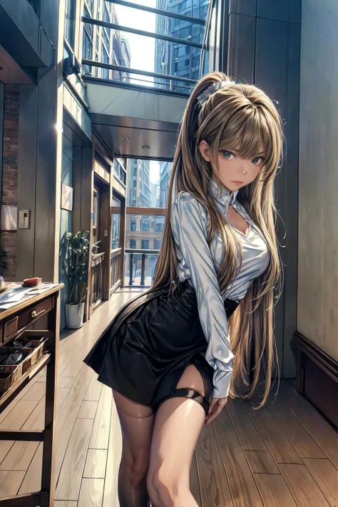 (masterpiece, Highest quality), Intricate details, 8k, Art Station, wallpaper, Official Art,  Sharp focus, One girl,Toned body、 Long Hair,ponytail,  Brown Hair, , office lady,White patent leather shirt、Black enamel tight skirt、slit、tights、 printing, Cold E...