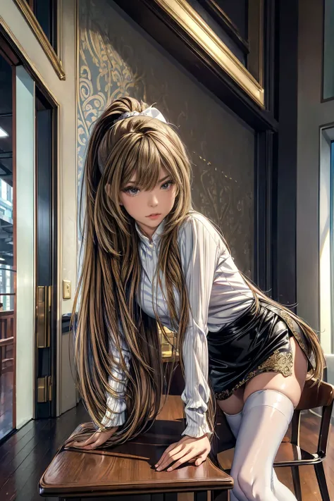 (masterpiece, Highest quality), Intricate details, 8k, Art Station, wallpaper, Official Art,  Sharp focus, One girl,Toned body、 Long Hair,ponytail,  Brown Hair, , office lady,White patent leather shirt、Black enamel tight skirt、slit、tights、 printing, Cold E...