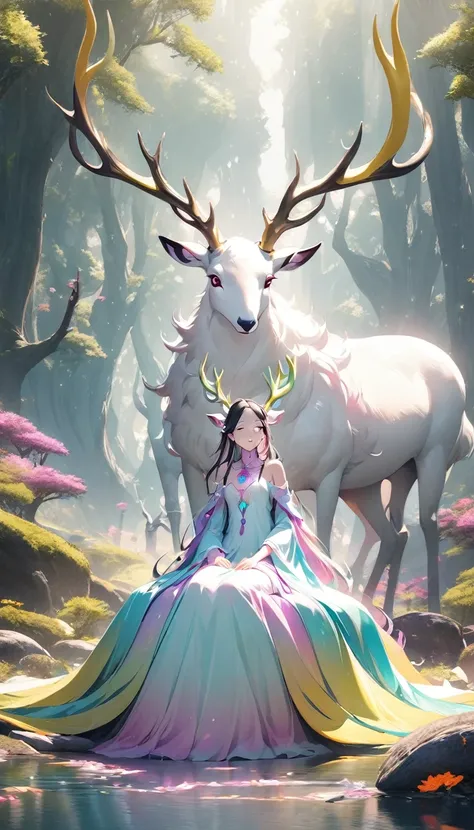 Surreal photos，Seven-Colored Deer Guardian，High-resolution photos，Huge and beautiful seven-colored deer，A peaceful and dreamy scene，A woman in a princess dress sits next to a giant seven-colored deer，The woman is very sexy，Detailed facial details，The backg...