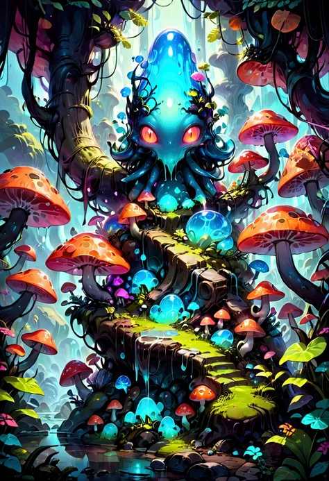 A slime creature, detailed slimy texture, gooey and viscous appearance, cute eyes, bright neon colors, fluorescent glowing, surreal fantasy landscape, colorful alien environment, glowing mushrooms, bioluminescent plants, cinematic lighting, detailed 3D ren...