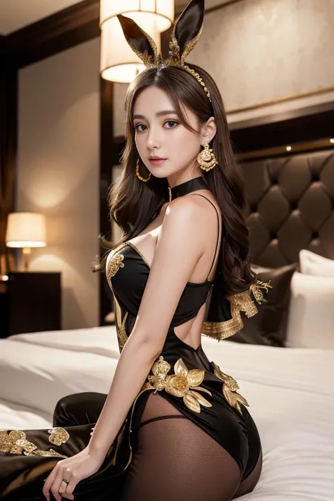 masterpiece, Highest quality, Realistic, Very detailed, Finer details, High resolution, 8k wallpaper, One beautiful woman, Dressed in a lovely black and gold bunny girl costume, In a great hotel, At night, Light brown messy hair, Perfect dynamic compositio...