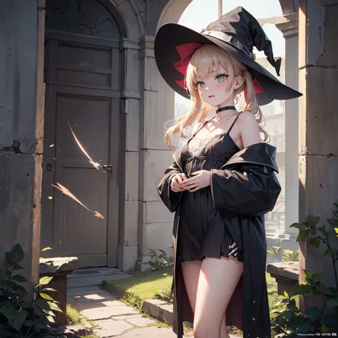 1 girl, trap, Blonde Hair, Green Eyes, flat chest, A short person, Black robe, ,(Witch Hat）， （18 years old），Long legs, thunder电，lightning，electrical arcs，Discharge of，magic，thunder，thunder环，thundermagic，（（Hold your hands on the ground））, Ancient battlefiel...