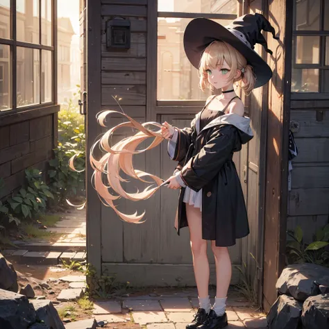 1 girl, trap, blonde hair, green eyes, flat chest, a short person, black robe, ,(witch hat）， （18 years old），long legs, thunder电，...