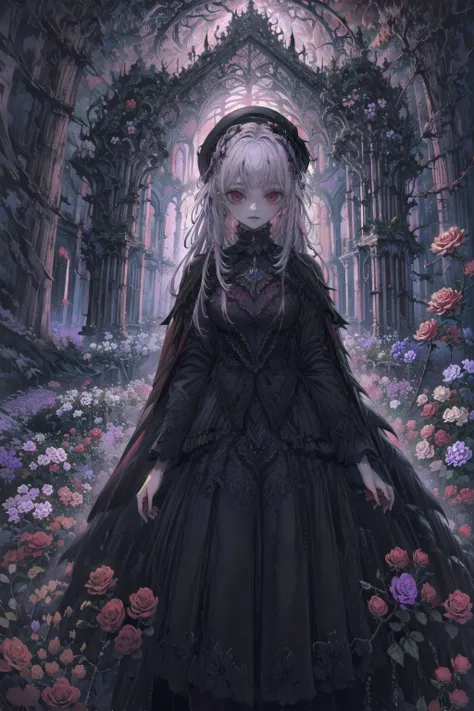 ネオゴススタイルのgirl, wearing a black dress and a white collar, wearing a black hat、wearing heavy makeup, standing in a mystical garden...