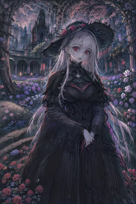 ネオゴススタイルのgirl, Wearing a black dress and a white collar, Wearing a black hat、wearing heavy makeup, Standing in a mystical garden surrounded by vines. The garden is full of deep purple flowers.、Gothic architecture in the background。. girl&#39;My hair is bla...