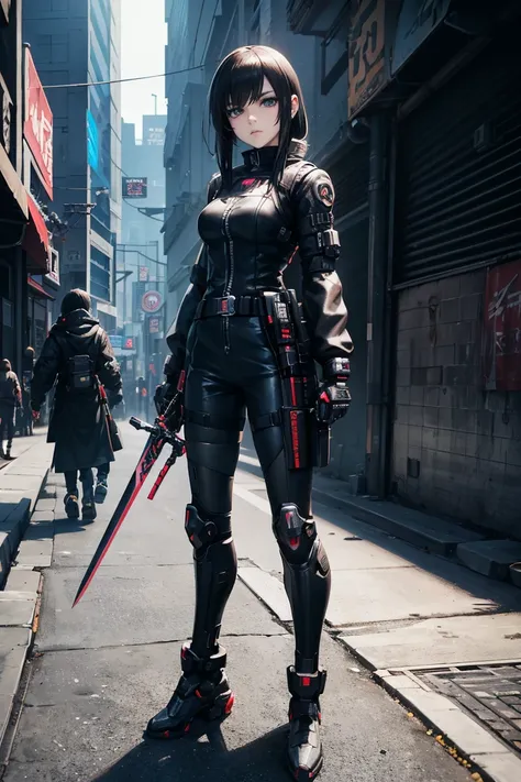 anime - style woman in black outfit holding a sword and wearing armor, female cyberpunk anime girl, wearing techwear and armor, sci fi female character, cyberpunk 2 0 y. o model girl, mechanized soldier girl, cyberpunk outfit, cyberpunk angry gorgeous godd...