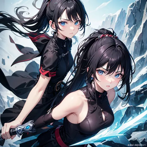 anime style woman , ponytail hair ,Bblack hair  , 18-years old , expression would be , eyes black , ice sword  , black leagwear 