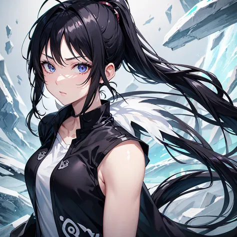 anime style woman , ponytail hair ,Bblack hair  , 18-years old , expression would be , eyes black , ice sword  , black leagwear 