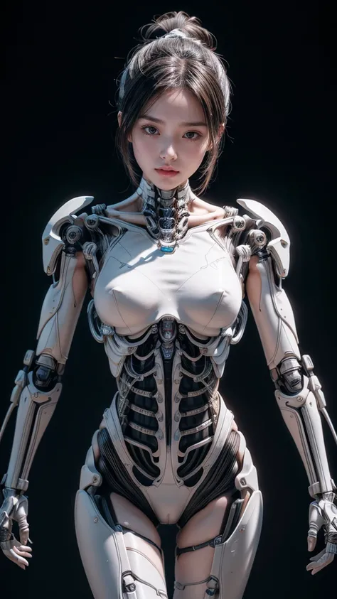 Female image，Ponytail，body skeleton，Unreal Engine Rendering + goddess, Opai of Biomechanics, Highly detailed cybernetic body, White biomechanical details, Female body, 3D Rendering Character Art 8k, Detailed body, complex machinery, Cybernetic and highly d...