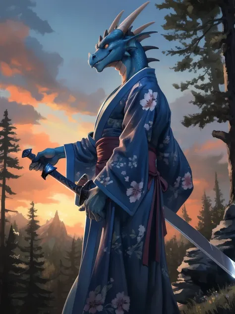 Masterpiece, High quality, Resolution, Digital Painting (work of art), alone, (Kimono:1.4), Male Anthro Dragon, white and blue body, In the forest, smile, sunset, by (by Pino Daeni, (by ruaidri), พื้นหลังbyละเอียด, anime, (dark shadow, Wide dynamic range, ...