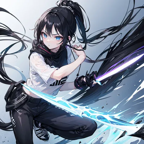 anime style woman , ponytail hair ,Bblack hair  , 18-years old , expression would be , eyes black , ice sword  , black leagwear , black pants , adidas black shirt