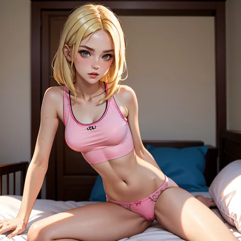 (masterpiece, best quality), 1 Russian woman, blonde hair, tank top, pink panties, bed, bedroom, open legs.