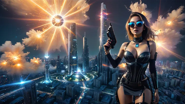 At dark night, aerial view of futuristic sci-fi cyberpunk city, skyscrapers, (flying vehicle), vortex-spirit-spreading giant hologram ((clock tower)) as time machine, Matrix style, (1girl, solo), large-breast:1.2 slim body, cleavage:1.3, tube top, miniskir...