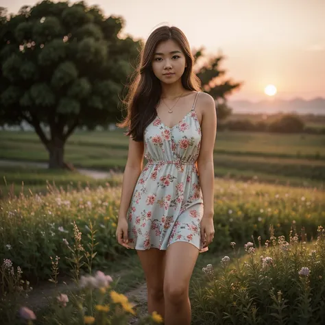  20 years old girl wearing short floral dress at the serene picturisque sunset, sharp focus, depth of field, 8k photo, HDR, professional lighting, taken with Canon EOS R5, 75mm lens