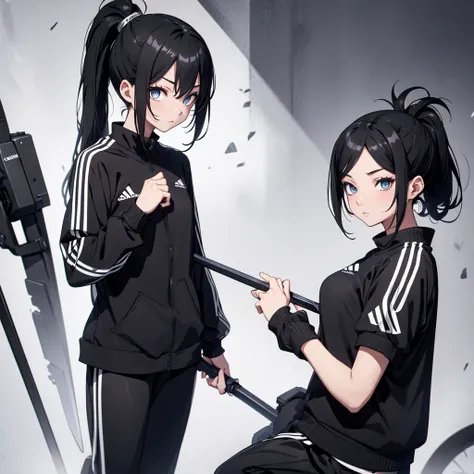 anime style woman , ponytail hair ,bblack hair  , 18-years old , expression would be , eyes black , ice sword  , black leagwear ...