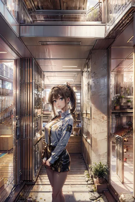 (masterpiece, Highest quality), Intricate details, 8k, Art Station, wallpaper, Official Art,  Sharp focus, One girl,Toned body、 Long Hair,ponytail,  Brown Hair, , office lady,White patent leather shirt、Black enamel tight skirt、tights、 printing, Cold Eyes ,...