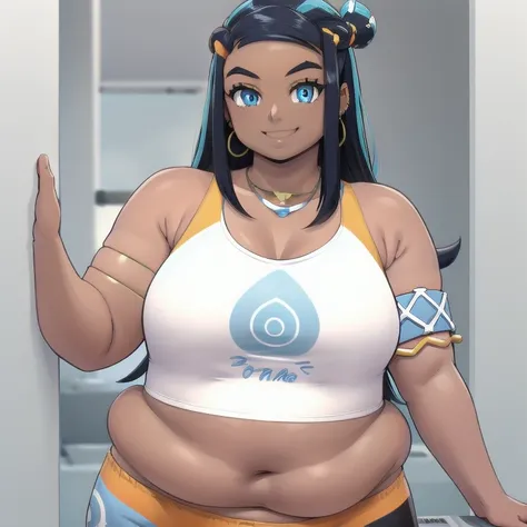 nessa_pokemon, 1fat girl, solo, dark skin, blue eyes, black hair, blue hair, two-tone hair, shorts, crop top, jewelry, necklace,...