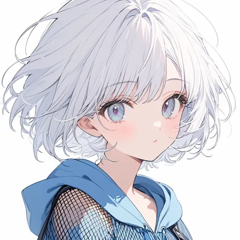 girl, white hair, short hair, sky blue mesh, sky blue and gray eyes, blue hoodie, white background