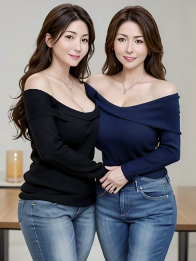 Two Girls, Adult women, 2 people,40 years old、 Long Hair, Huge breasts ,Super big cleavage,Mature Woman , necklace, topless, Realistic, Sexy knitwear、shorts jeans、Off-the-shoulder knit、Embrace each other、hug、