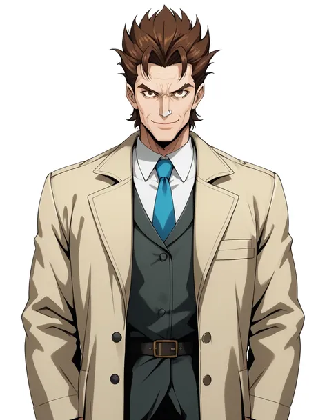 1man, veteran mature detective, muscular, boned nose, wavy slicked back spiked hair, yellow_brown hair, break shihaku, brown eye...