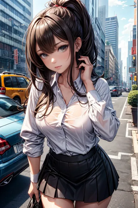 (masterpiece, Highest quality), Intricate details, 8k, Art Station, wallpaper, Official Art,  Sharp focus, One girl,Toned body、 Long Hair,ponytail,  Brown Hair, No bra,Nipple swelling、Slut、 office lady,White patent leather shirt、Black enamel tight skirt、ti...