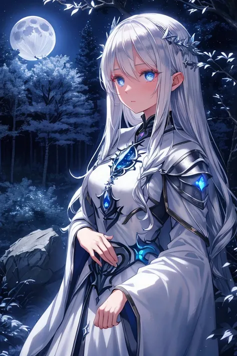 aasimar, twilight cleric, silver hair, blue eyes, glowing eyes, moonlit forest, female