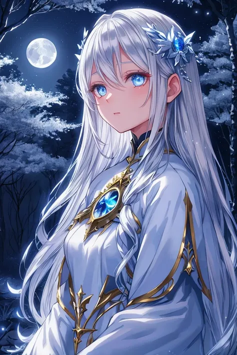 aasimar, twilight cleric, silver hair, blue eyes, glowing eyes, moonlit forest, female