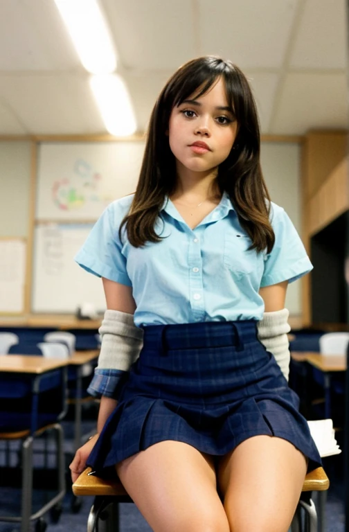 jenna_ortega sitting on desk in class room in very short skirt legs crossed

 