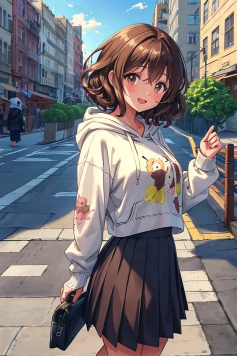 (best quality:0.8) perfect anime illustration, a pretty, happy woman with short curly brown hair on the street in the city, wear...