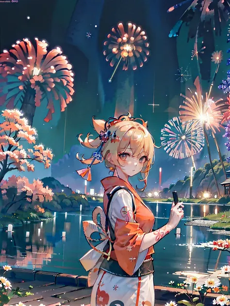 (masterpiece), best quality, Express, Perfect face,1 girl Solitary,1 Original appearance,(Palace of Science), blush, Blonde Hair, View Viewer, Orange Kimono, Japanese clothes, Common, Arm tattoo, bandage, Anime Characters,《Genshin Impact》Impact,woman,Solit...