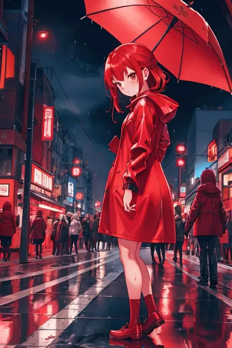 8k photo portrait of a redhead woman in a red raincoat, at a bustling crosswalk in shibuya at night, highly detailed, vibrant, p...